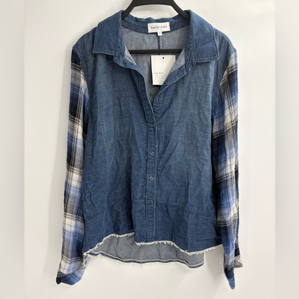 Bella Dahl revolve mixed blue fall flannel denim button down shirt medium NWT